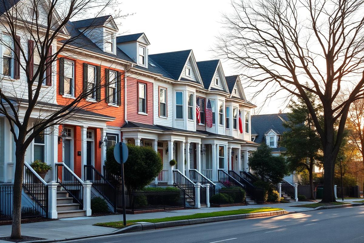 Row of well-kept residential townhouses on a quiet street