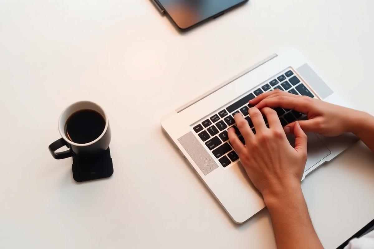 Landlord working on a laptop at a bright desk