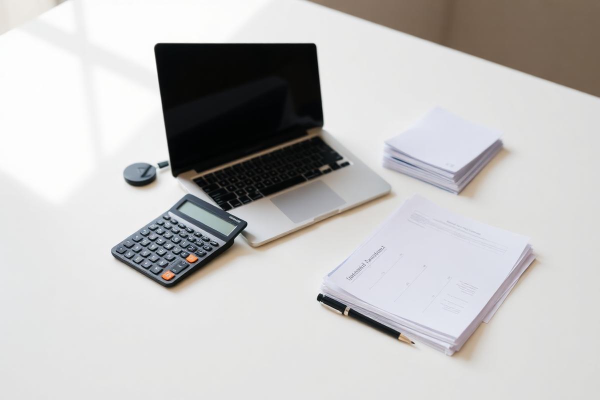 Laptop, calculator and rental paperwork on a bright desk
